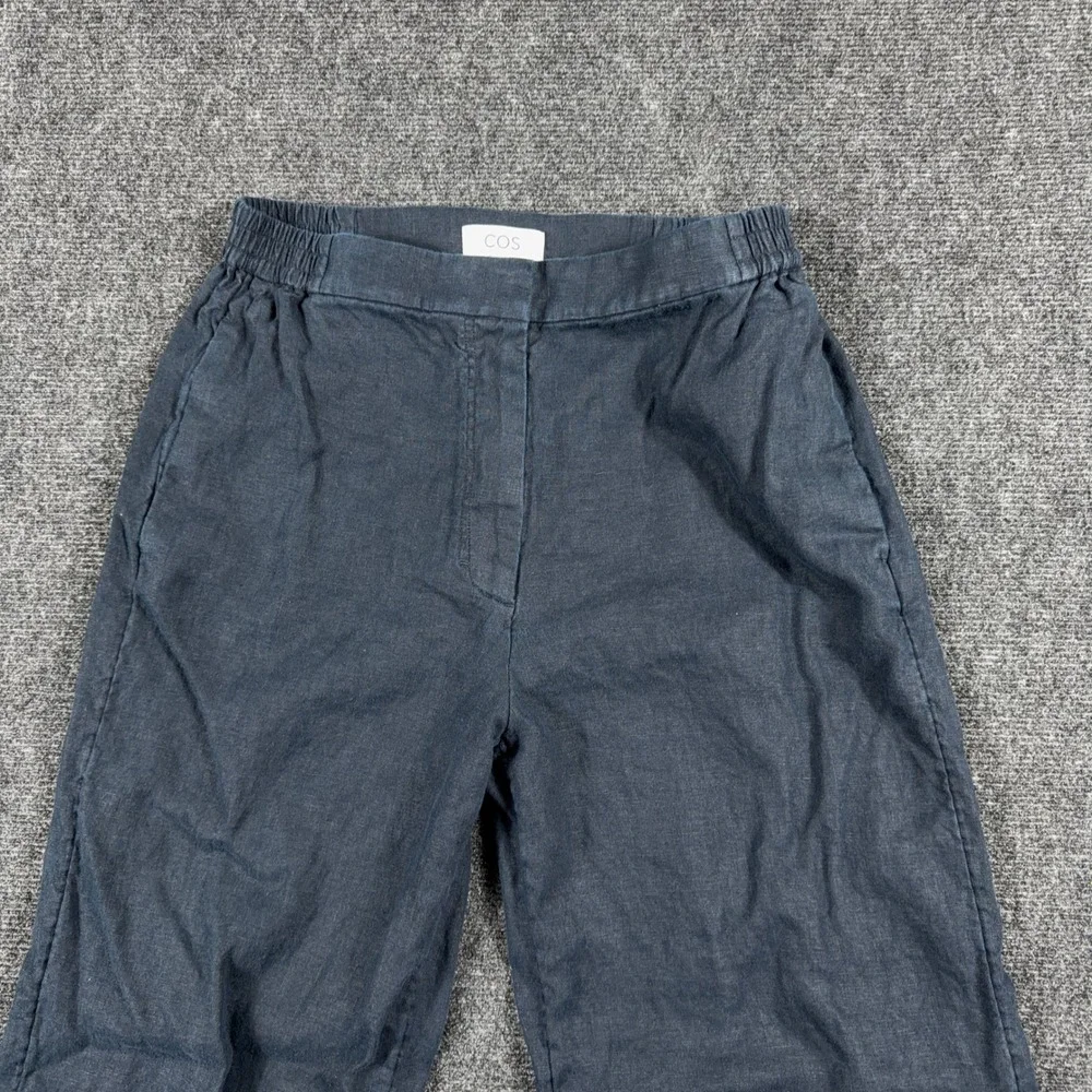 COS Wide Leg Linen Pants Elastic Waist Minimalist Trousers Size‎ 8 Navy Blue